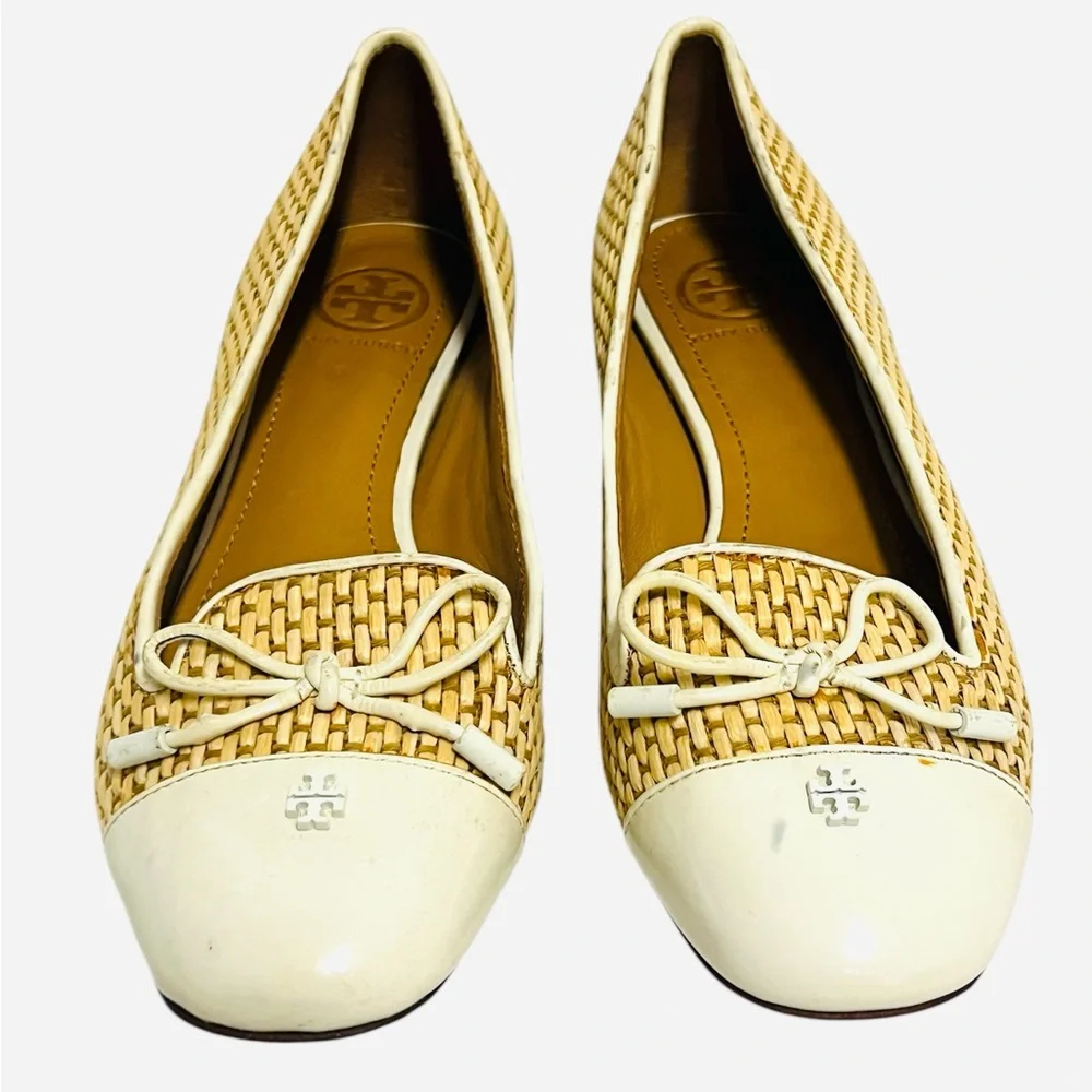 Tory Burch Flat Shoes Raffia Wedge Catherine Cap Toe Bone Women's Size 5M